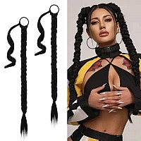 BARSDAR 2PCs 30 Inch Long Braided Ponytail Extension with Hair Tie Straight Wrap Around Hair Extensions Pony Tail DIY Natural Soft Synthetic Hair Piece for Women Girls-Off Black