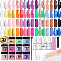 Azurebeauty 42Pcs Dip Powder Nail Kit Starter 32 Colors Summer Rainbow Bright Pink Red Green Acrylic Dipping Powder Set With To