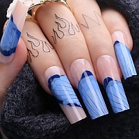 Mqpq Blue Flowers Press On Nails For Women And Girls Nude Pink Extra Long Square Bright Art Design Fake Nails 24Pcs Reuse Acryli