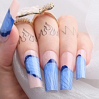 Mqpq Blue Flowers Press On Nails For Women And Girls Nude Pink Extra Long Square Bright Art Design Fake Nails 24Pcs Reuse Acryli