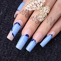 Mqpq Blue Flowers Press On Nails For Women And Girls Nude Pink Extra Long Square Bright Art Design Fake Nails 24Pcs Reuse Acryli