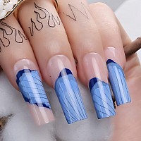 Mqpq Blue Flowers Press On Nails For Women And Girls Nude Pink Extra Long Square Bright Art Design Fake Nails 24Pcs Reuse Acryli