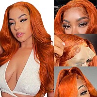 Ftqzkey 26 Inch 13X4 Orange Ginger Lace Front Wigs Ginger Brown Lace Front Wig Human Hair 180 Density Ginger Wig Human Hair Pre