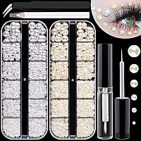 2700 Pcs Of 2 Boxes Flat Back Pearls Kits Half Round Whitebeige Pearls With Quick Dry Makeup Gluepicker Penciltweezer For Nai