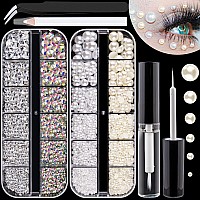 Flat Back Rhinestonespearls Kits Round Glass Crystal Abtransparent White Gemswhitebeige Pearls With Quick Dry Makeup Gluepi