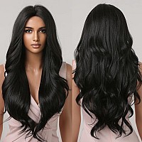 Allbell Long Curly Black Wigs for Women Natural Black Wavy Wig Middle Part Synthetic Wig