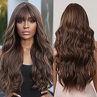 Allbell Long Wavy Brown Wig With Bangs Natural Looking Synthetic Hair Wig For Daily Party Use