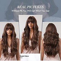 Allbell Long Wavy Brown Wig With Bangs Natural Looking Synthetic Hair Wig For Daily Party Use