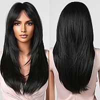 Allbell Long Black Layered Wigs for Women Long Straight Wig with Bangs Synthetic Natural Hair