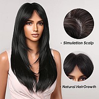 Allbell Long Black Layered Wigs for Women Long Straight Wig with Bangs Synthetic Natural Hair