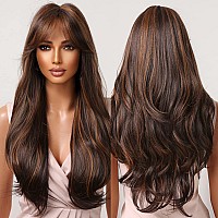 Allbell Long Brown Curly Wigs for Black Women Mixed Red with Bangs Synthetic Wig for Daily Use