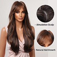 Allbell Long Brown Curly Wigs for Black Women Mixed Red with Bangs Synthetic Wig for Daily Use