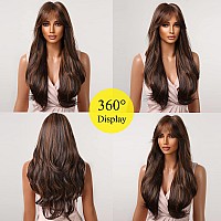 Allbell Long Brown Curly Wigs for Black Women Mixed Red with Bangs Synthetic Wig for Daily Use