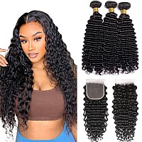 Younsolo Deep Wave Bundles With Closure For Black Women16 18 2014 100 Unprocessed Brazilian Deep Wave Human Hair 3 Bundles W