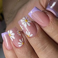 Foccna French Tip Press On Nails Medium Purple Fake Nails Square Acrylic False Nails Flower Designartificial Nails For Women A