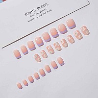 Foccna French Tip Press On Nails Medium Purple Fake Nails Square Acrylic False Nails Flower Designartificial Nails For Women A