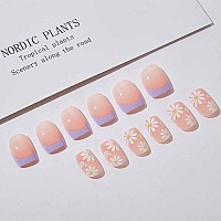 Foccna French Tip Press On Nails Medium Purple Fake Nails Square Acrylic False Nails Flower Designartificial Nails For Women A