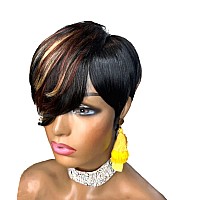 QiaQiaRing Pixie Cut Wigs For Black Women Colored 1B/27/33 Sidepart Short Layered Cut Wigs with Bangs Brazilian Virgin Human Hair Wigs Short Pixie Cut Wigs for Black Women 150% Density (1b/27/33)