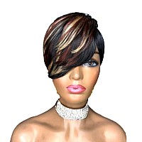 QiaQiaRing Pixie Cut Wigs For Black Women Colored 1B/27/33 Sidepart Short Layered Cut Wigs with Bangs Brazilian Virgin Human Hair Wigs Short Pixie Cut Wigs for Black Women 150% Density (1b/27/33)