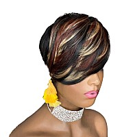 QiaQiaRing Pixie Cut Wigs For Black Women Colored 1B/27/33 Sidepart Short Layered Cut Wigs with Bangs Brazilian Virgin Human Hair Wigs Short Pixie Cut Wigs for Black Women 150% Density (1b/27/33)