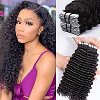 24Inch Long Curly Tape In Hair Extensions Human Hair Deep Wavy Natural Black Pu Tape In Hair Extensions For Black Women Seamless