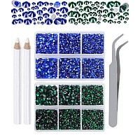 Lpbeads 6000 Pieces Emerald And Sapphire Non Hotfix Rhinestones 6 Sizes Round Crystal Glass Flat Back Rhinestones With Tweezers