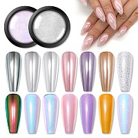 Born Pretty Chrome Powder Metallic Mirror Auroras Mermaid Pearl Pigment Powder Manicure Nail Art Decoration Sets 2 Boxes