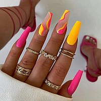 24 Pcs Acrylic Press On Nails Long Fake Nails Colorful Stripes Glue On Nails Coffin Shaped False Nails With Yellow Rose Red Colo