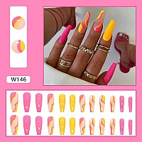 24 Pcs Acrylic Press On Nails Long Fake Nails Colorful Stripes Glue On Nails Coffin Shaped False Nails With Yellow Rose Red Colo