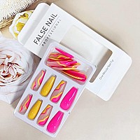 24 Pcs Acrylic Press On Nails Long Fake Nails Colorful Stripes Glue On Nails Coffin Shaped False Nails With Yellow Rose Red Colo