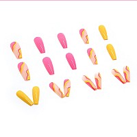 24 Pcs Acrylic Press On Nails Long Fake Nails Colorful Stripes Glue On Nails Coffin Shaped False Nails With Yellow Rose Red Colo