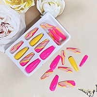 24 Pcs Acrylic Press On Nails Long Fake Nails Colorful Stripes Glue On Nails Coffin Shaped False Nails With Yellow Rose Red Colo