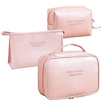 Veki Makeup Bag 3 Pieces Set Cosmetic Bags, Pu Leather Large Make up Bag Organizer for Women and Girls Portable Waterproof Travel Toiletry Bag Pouch Travel Organizer Storage Cases (Leather Pink)