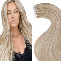 LAAVOO Blonde Tape in Hair Extensions Real Human Hair 24inch Highlights Ash Blonde to Bleach Blonde Hair Extensions Tape in Skin Weft Tape on Extensions for Women 50g 20pcs