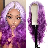 Halcyon Long Wavy Purple Wigs For Women Synthetic Ombre Purple Curly Wavy Wig 26 Inch Middle Part Heat Resistant Wig For Daily P