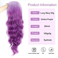 Halcyon Long Wavy Purple Wigs For Women Synthetic Ombre Purple Curly Wavy Wig 26 Inch Middle Part Heat Resistant Wig For Daily P