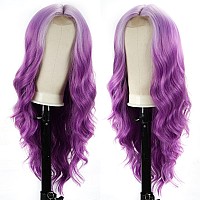 Halcyon Long Wavy Purple Wigs For Women Synthetic Ombre Purple Curly Wavy Wig 26 Inch Middle Part Heat Resistant Wig For Daily P