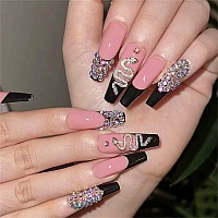 VOTACOS Black French Tip Press on Nails Long Coffin Fake Nails Nude False Nails with 3D Snake Rivet Design Glossy Stick on Nails for Women