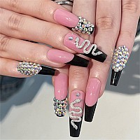 VOTACOS Black French Tip Press on Nails Long Coffin Fake Nails Nude False Nails with 3D Snake Rivet Design Glossy Stick on Nails for Women