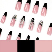 VOTACOS Black French Tip Press on Nails Long Coffin Fake Nails Nude False Nails with 3D Snake Rivet Design Glossy Stick on Nails for Women