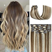 Honsoo Real Human Hair Extensions Clip Ins Light Brown To Blonde Highlights Balayage Hair 70G 15Inch Real Hair Extensions 7Pcs N