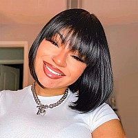 Toyotress Black Bob Wig With Bangs 12 Inch Short Bob Wig For Black Women Hair Daily Costume Light Yaki Straight Synthetic Hai