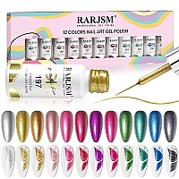 Rarjsm Metallic Nail Art Gel Liner Black Silver Rose Gold Blue Green Red Glitter Painted Gel Nail Polish Set Soak Off 12 Colors