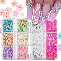 3D Flower Nail Charms For Nails Colorful Flowers Flatback Nail Rhinestones White Pink Green Blue Acrylic Flower With Metal Golde