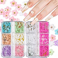 3D Flower Nail Charms For Nails Colorful Flowers Flatback Nail Rhinestones White Pink Green Blue Acrylic Flower With Metal Golde