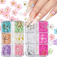 3D Flower Nail Charms For Nails Colorful Flowers Flatback Nail Rhinestones White Pink Green Blue Acrylic Flower With Metal Golde