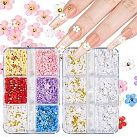 3D Flower Nail Charms For Nails Colorful Flowers Flatback Nail Rhinestones White Pink Purple Acrylic Flower With Gold Silver Cav