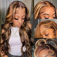 KeaBalo Highlight Ombre Lace Front Wigs Human Hair Pre Plucked with Baby Hair 13x4 Body Wave Frontal Wigs Human Hair 180% Density 4/27 Colored Honey Blonde Lace Front Wig Human Hair for Women 32 Inch