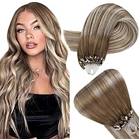 Easyouth Long Micro Hair Extensions Human Hair Micro Bead Hair Extensions Real Human Hair Medium Brown Ombre Platinum Blonde Mic