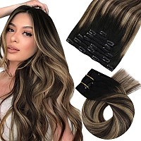 Moresoo Balayage Clip In Hair Extensions Human Hair 22 Inch Clip On Hair Extensions Ombre Black To Brown With Caramel Blonde Dou